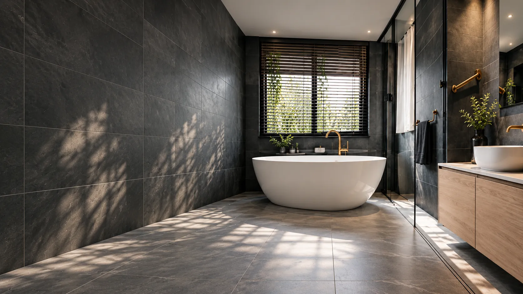 A freestanding white bath under a window in a dark-tiled bathroom, with a brass tap and a timber vanity.